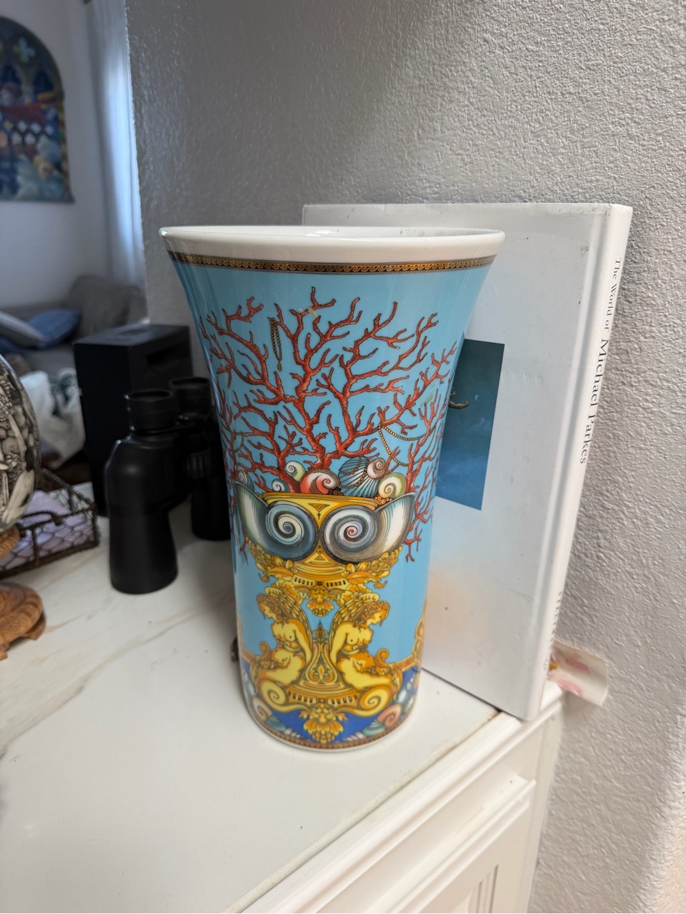 Versace Home Sky Blue Porcelain Vase with Gold and Coral Motif